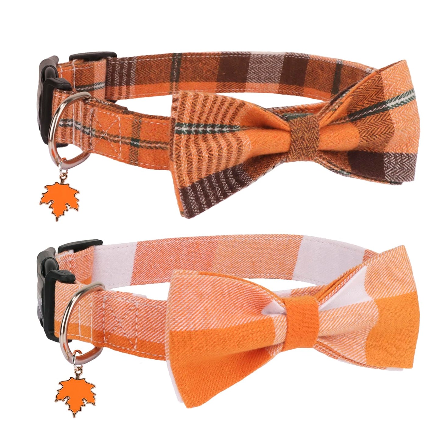 PTDECOR Fall Dog Collar with Bow, Halloween Thanksgiving Bowtie Collar, Adjustable Cotton Yellow Orange Plaid Bowtie Collars for Large Dogs Pets (Large)