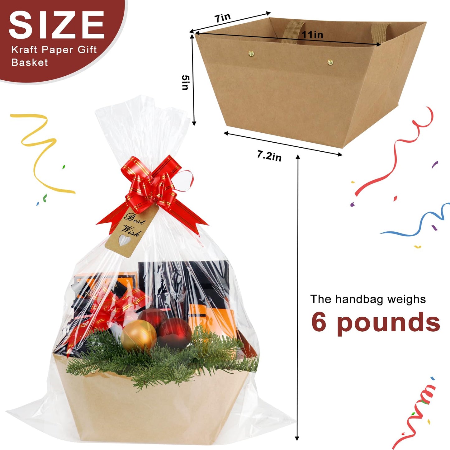 KEVTVEK Bigger Baskets for Gifts Empty, 6 Pack Sturdy Kraft Basket With Handles Gift Basket Kit, 6 Shrink Wrap Bags, 6 Bows and Hang Tag, Empty Gift Baskets to Fill for Birthday Christmas Baby Shower