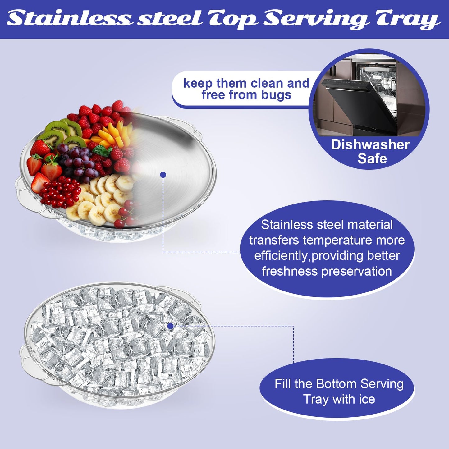 3 Set Chilled Serving Tray for Parties with Compartments, 11.8" Ice Chilled Party Platter, Ice Serving Board with 3 Tongs 10 Forks, Cold Dish Dip for Fruit,Veggies, Appetizer, Shrimp Cocktail