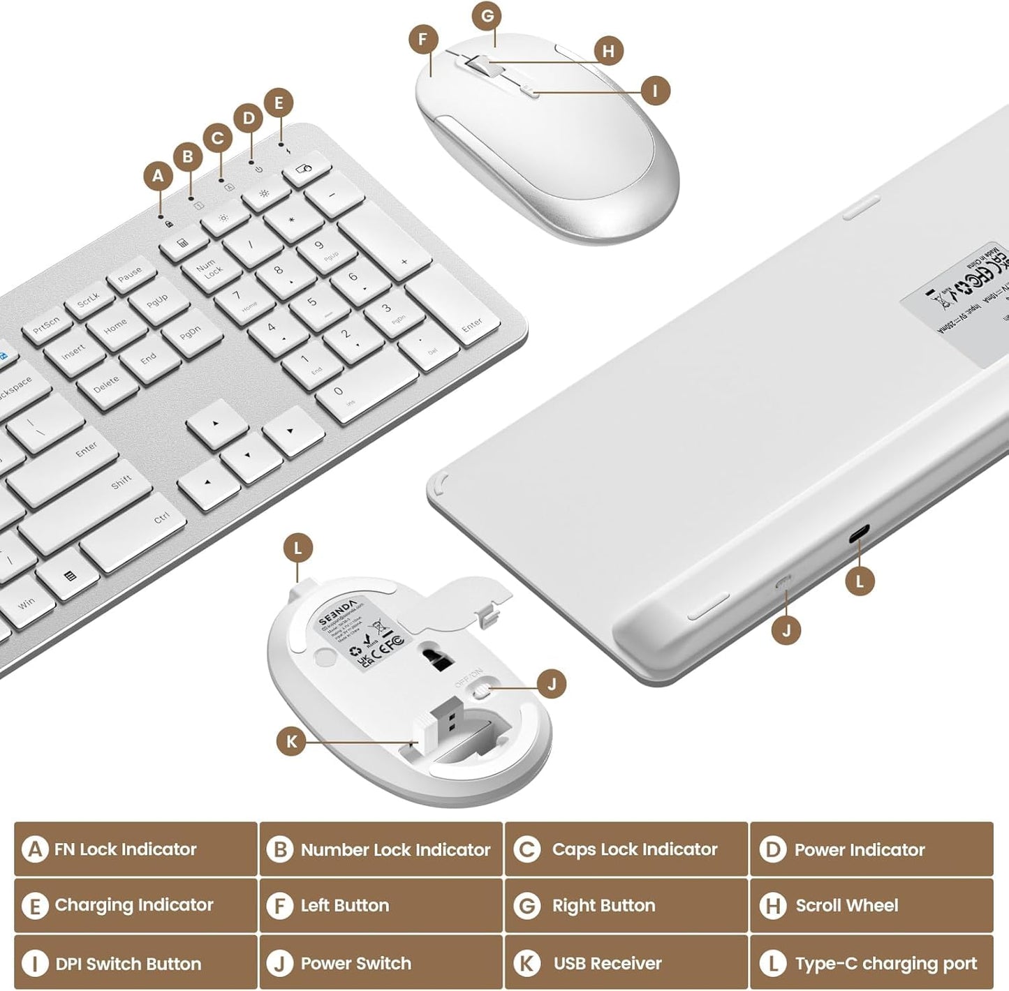 seenda Rechargeable Wireless Keyboard and Mouse, SK38-3 Ultra Slim Quiet USB Keyboard and Mouse Set for Windows Laptop PC, Full-Size QWERTY UK Layout, Silver and White