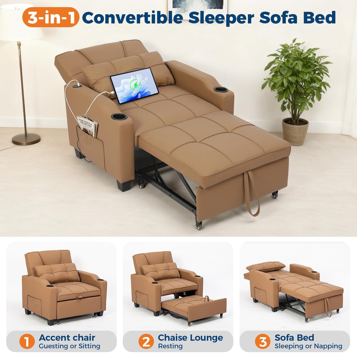 4 in 1 Convertible Sleeper Chair Bed with Vibration Massage Lumbar Pillow, Single Sofa Recliner Featuring USB/Type-C Port, Cup Holders & Side Pocket, Space-Saving Pull Out Bed for Small Spaces, Brown