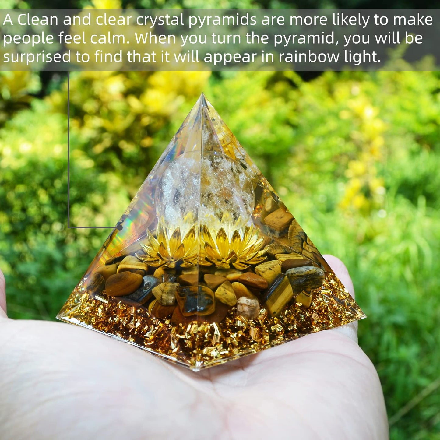 Hopeseed Orgone Pyramid Flower of Life Orgonite Money Healing Crystals Pyramid for Positive Energy with Tiger's Eye Stones and Luck White Crystal that Promotes Wealth, Prosperity and attracts Success