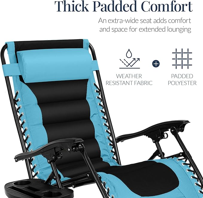 Best Choice Products Oversized Padded Zero Gravity Chair, Folding Outdoor Patio Recliner, XL Anti Gravity Lounger for Backyard w/Headrest, Cup Holder, Side Tray, Polyester Mesh - Light Blue/Black