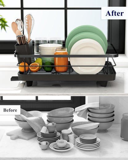 Kitsure Dish Drainer Rack- Space-Saving Dish Drainer, Dish Racks for Kitchen Counter, Stainless Steel Kitchen Drying Rack with a Cutlery Holder, Large, Black