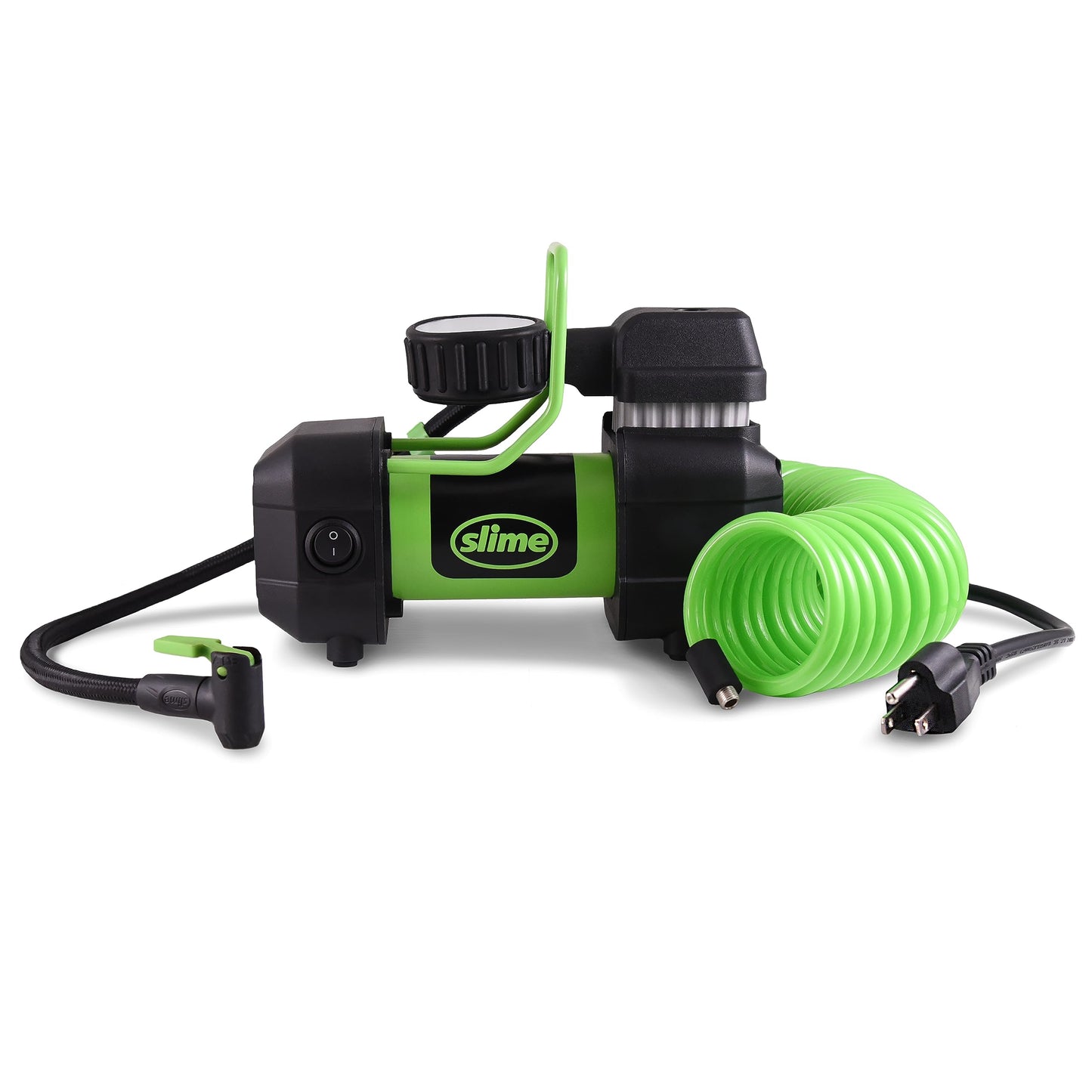 Slime 40045 Home Tire Inflator, Wall Mounted 120V, SUV, 4x4 Air Compressor, Heavy Duty, 2X Pro Power, with Analog 100 psi Dial Gauge, Long Hose and LED Light, 4 min Inflation