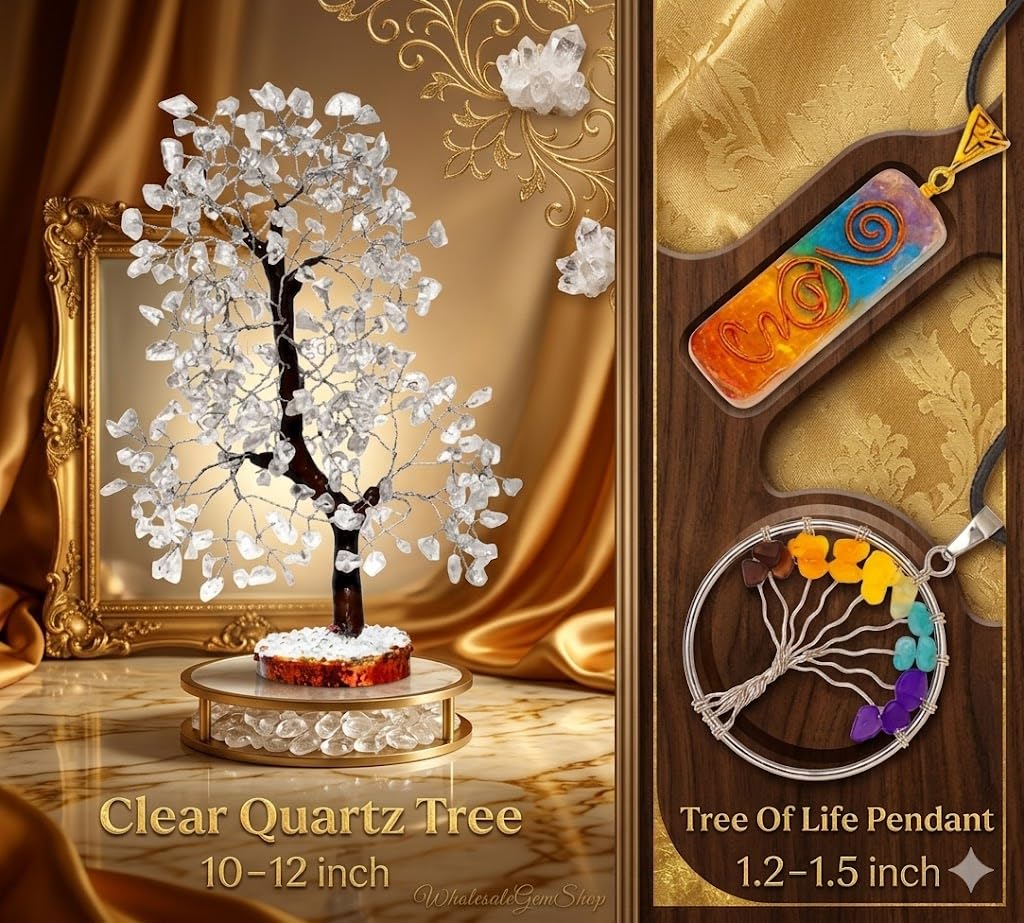 Gemscite Gemstone Clear Quartz Tree Size 10-12" Handmade Feng Shui Figurine Money Bonsai Good Luck Healing Crystals - Silver Wire Balancing Decoration Table Room Decor Gift