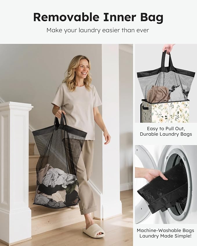 SOLEDI Laundry Hamper with Lid, 90L Tall & Large Floral Laundry Basket