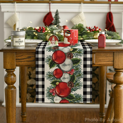 Artoid Mode Black White Buffalo Plaid Xmas Ball Holly Christmas Table Runner, Winter Kitchen Dining Table Decoration for Outdoor Home Party 13x36 Inch