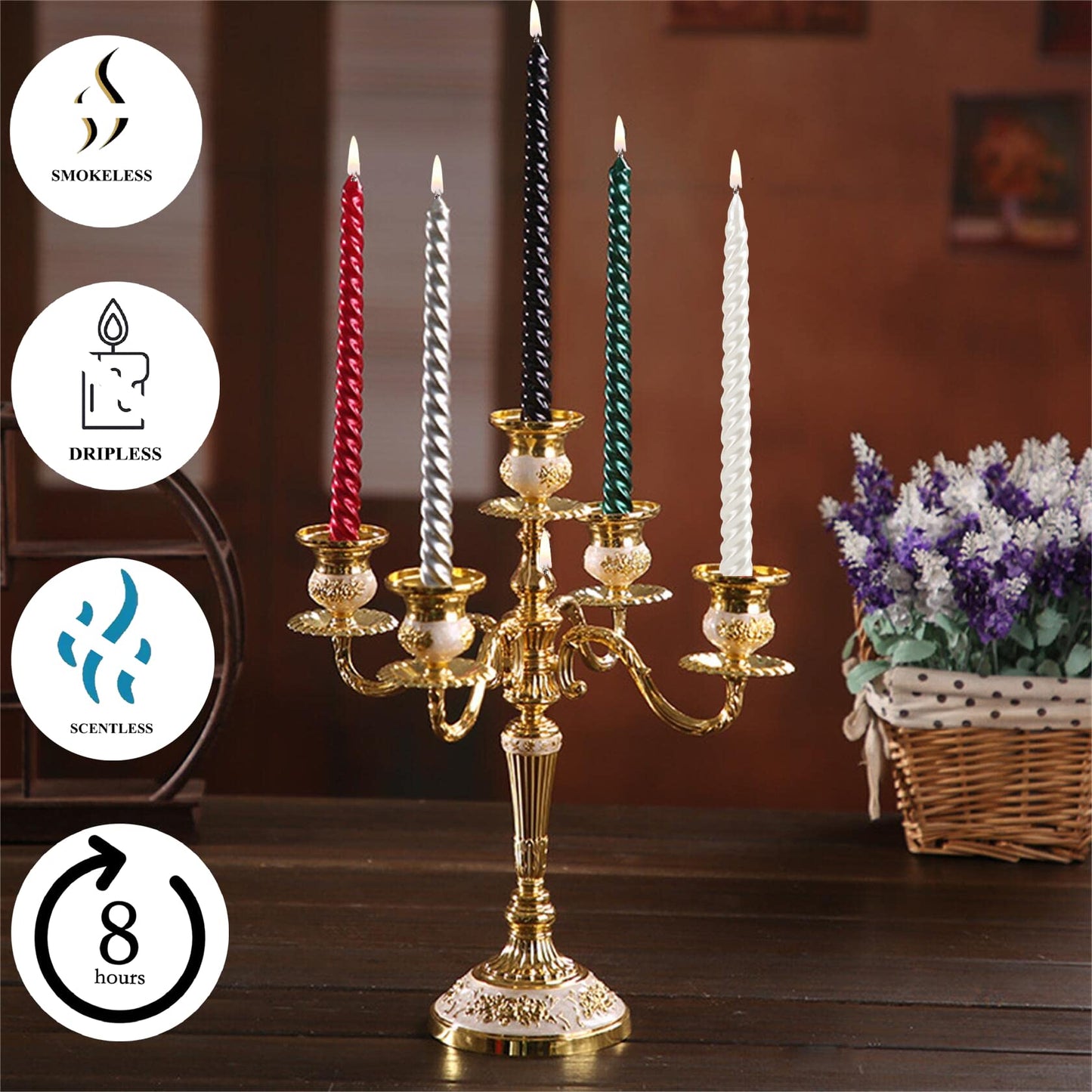 SEVEN LUCKY LIGHT Halloween Candles,10 inches Spiral Design Black Taper Candles Set of 4,Metal Style Ture Dripless Candlesticks,Clean Burning Candle Sticks