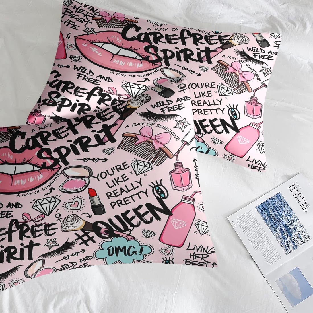 Pamnest Comforter Set King Size, Makeup Pink Queen 7 Pcs Bedding for Kids and Adults, Women Diamond Cute Bed Sheet Sets with Fitted Sheet 2 Pillowcases & 2 Shams for Bedroom Bed Decor