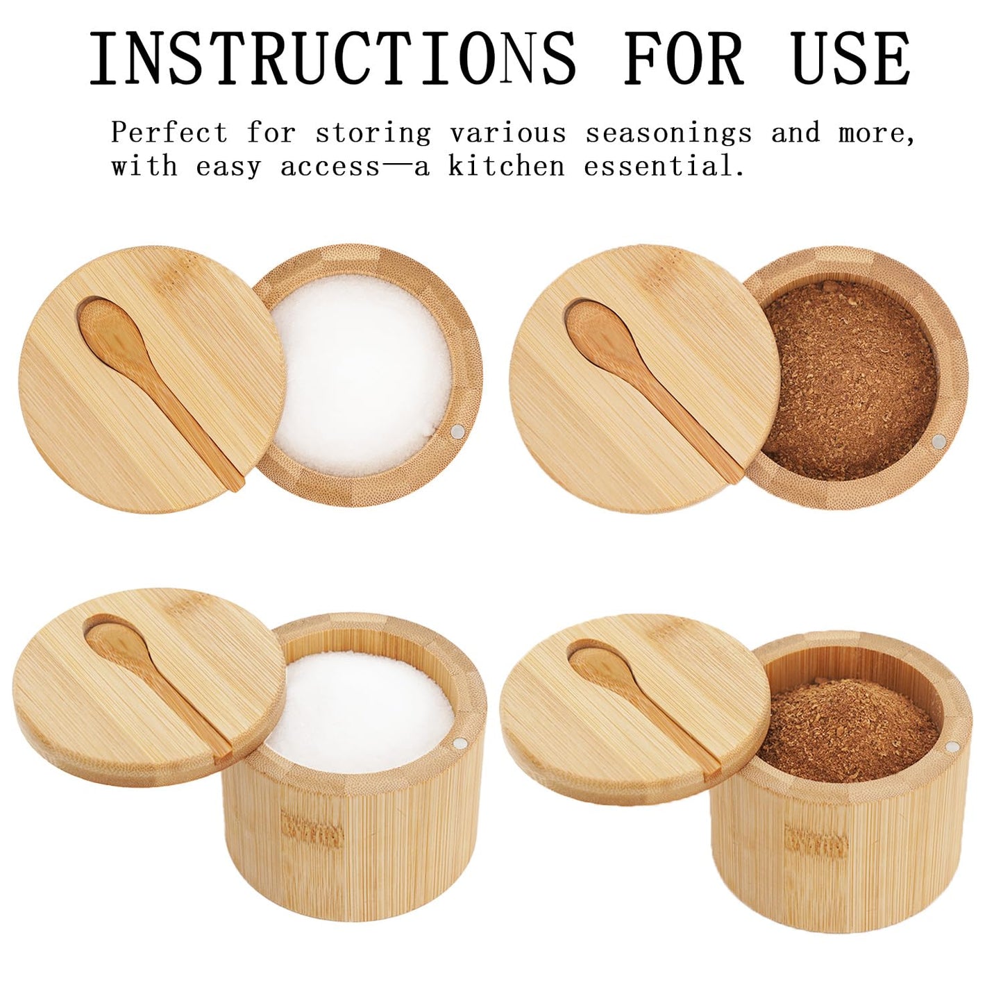 Bamboo Salt Cellar Set of 4 with Magnetic Swivel Lid & Spoon, Salt and Pepper Storage Container, Kitchen Countertop Organizer for Spices, Herbs