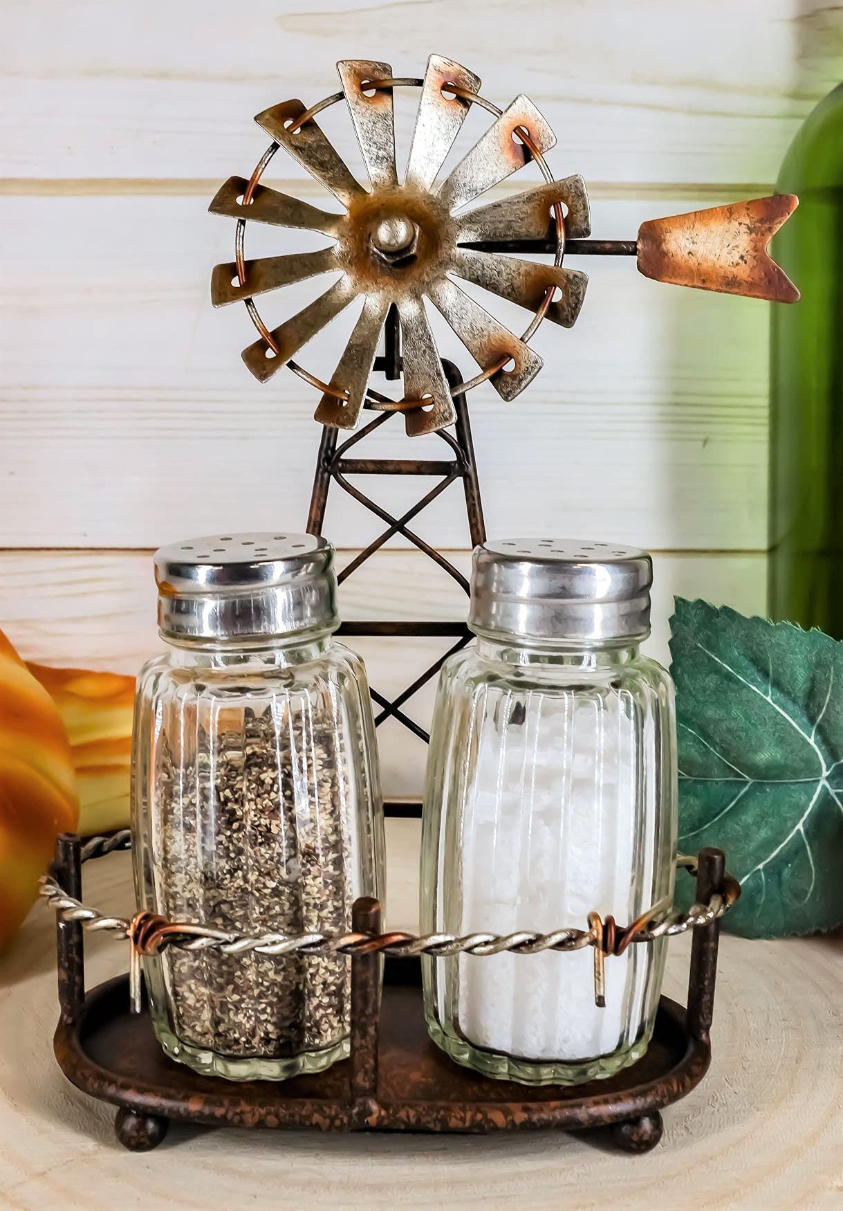 Ebros 6.5"Tall Rustic Country Farm Agricultural Windmill Outpost Salt And Pepper Shakers Holder Display Stand Set Western Kitchen Dining Home Decor Centerpiece In Aged Bronze Finish