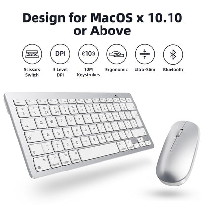 Bluetooth Keyboard and Mouse Set for Mac, OMOTON Ultra-Slim Wireless Keyboard and Mouse Combo for Apple Mac, MacBook Pro/Air, iMac, Mac Mini,Battery-powered, QWERTY UK Layout, Silver