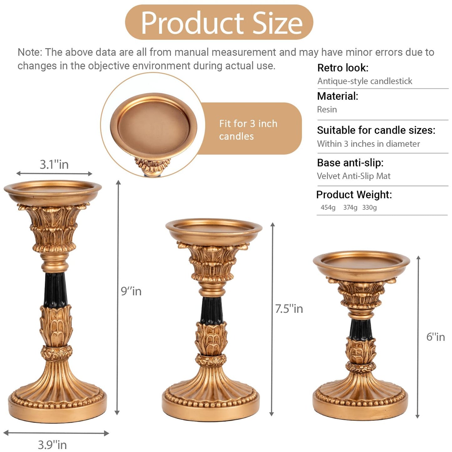 Resin Pillar Candle Holders Set of 3 – an Antique Gold Frame with Engraved Decorations (9", 7.5", 6") with 3.1" Tray & Velvet Anti-Slip Base for Table Centerpiece and Fireplace Mantel Decor