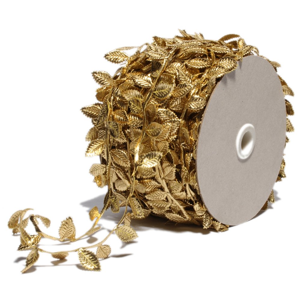BASOKAN Gold Leaves Leaf Ribbon Trim Rope - 20 Yards - for Garland DIY Crafts and Party Wedding Home Decorations (Gold)