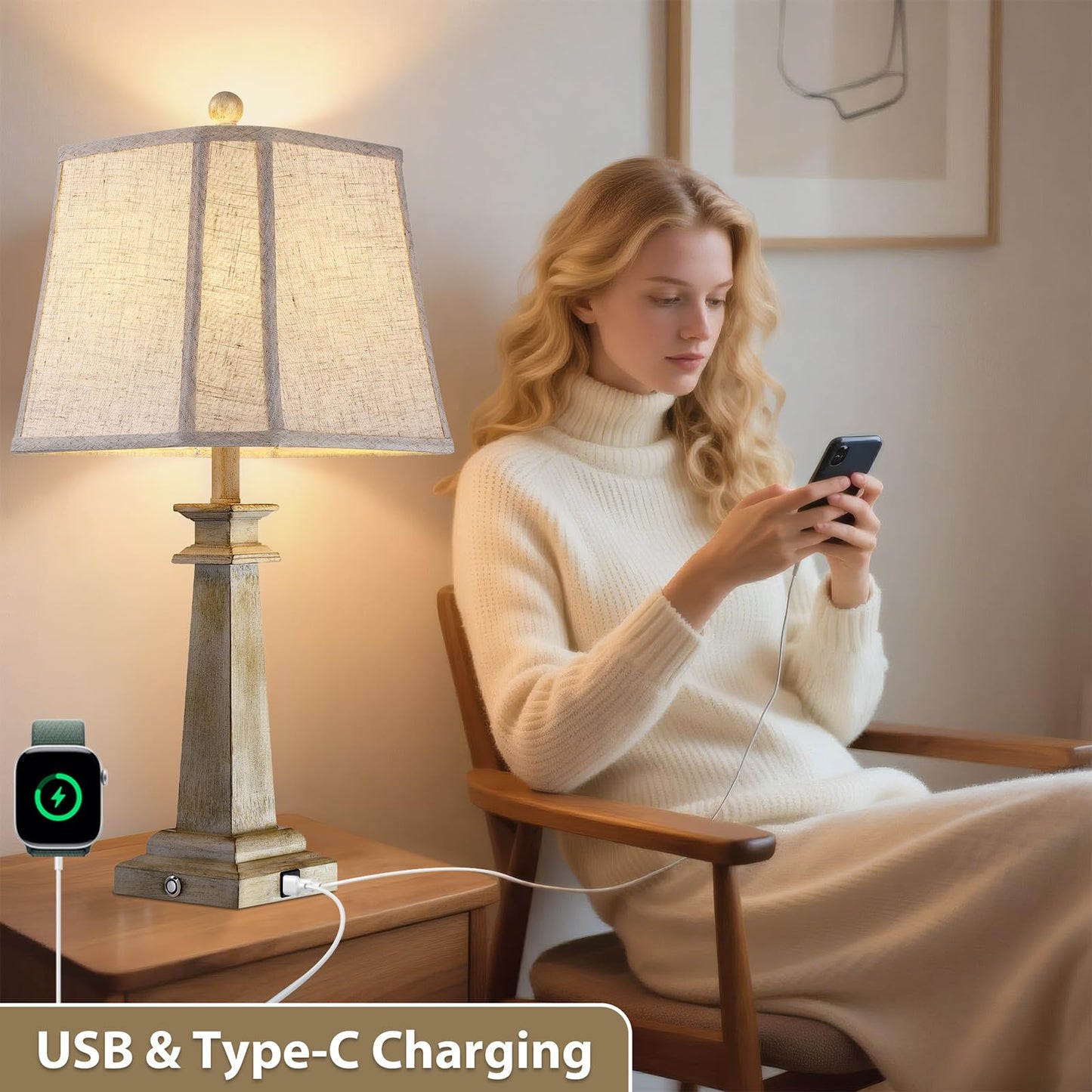 Hapcrea 27.5" Table Lamps Set of 2, 3-Way Dimmable Touch Lamps for Nightstand, Farmhouse Table Lamp for Living Room and Bedroom with USB A+C Charging Ports, Bulbs Included (Antique White)