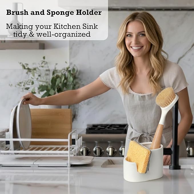 2-in-1 Ceramic Sponge Holder, Dish Sponge and Brush Holder