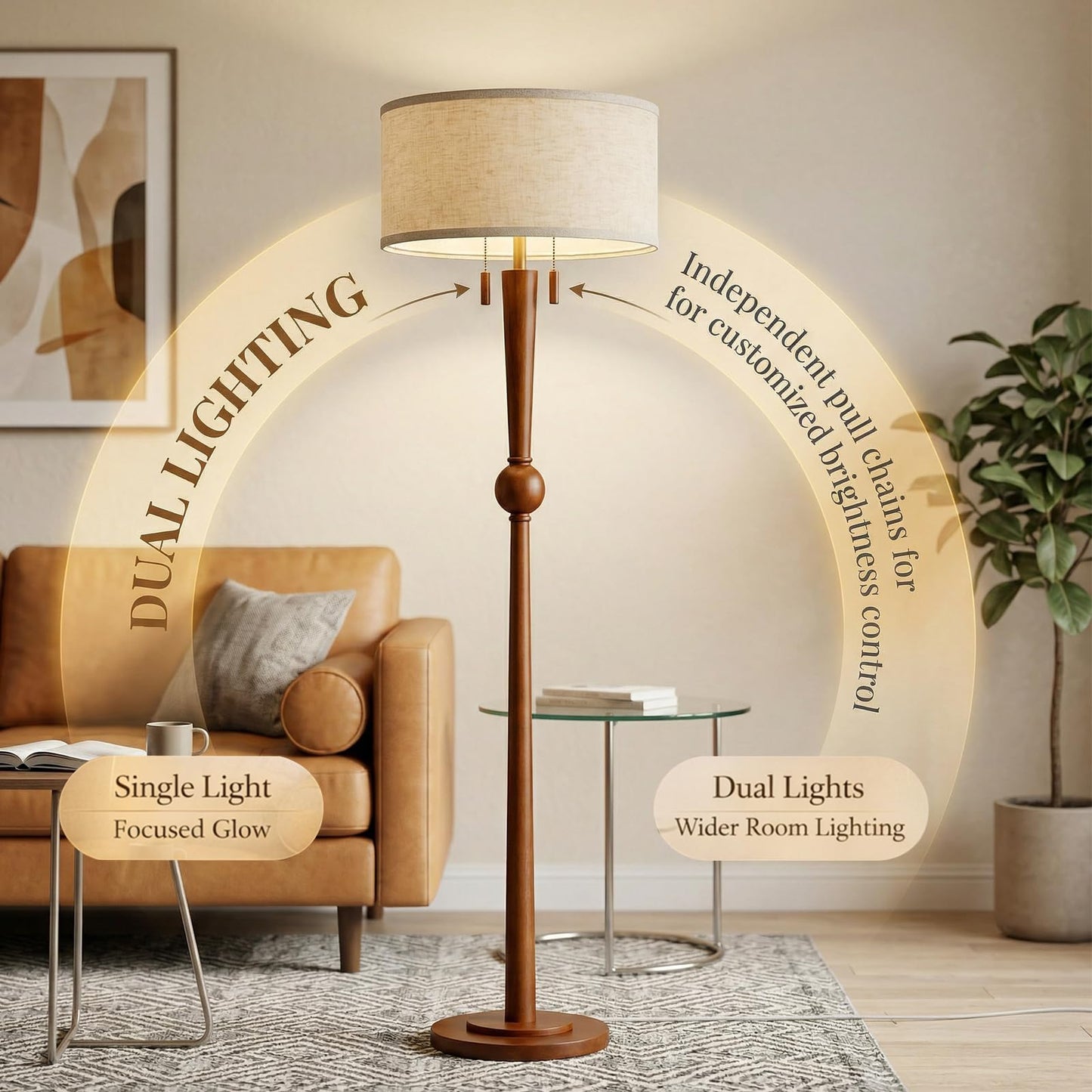 MOFFE 62.8" Solid Wood Floor Lamp,Tall Standing Floor Lamp with 2-Light Pull Chain, 17" Linen Drum Shade, Sculptural Wood Base & Stem,Transitional Floor Lamp for Living Room Bedroom, Includes 2 Bulbs