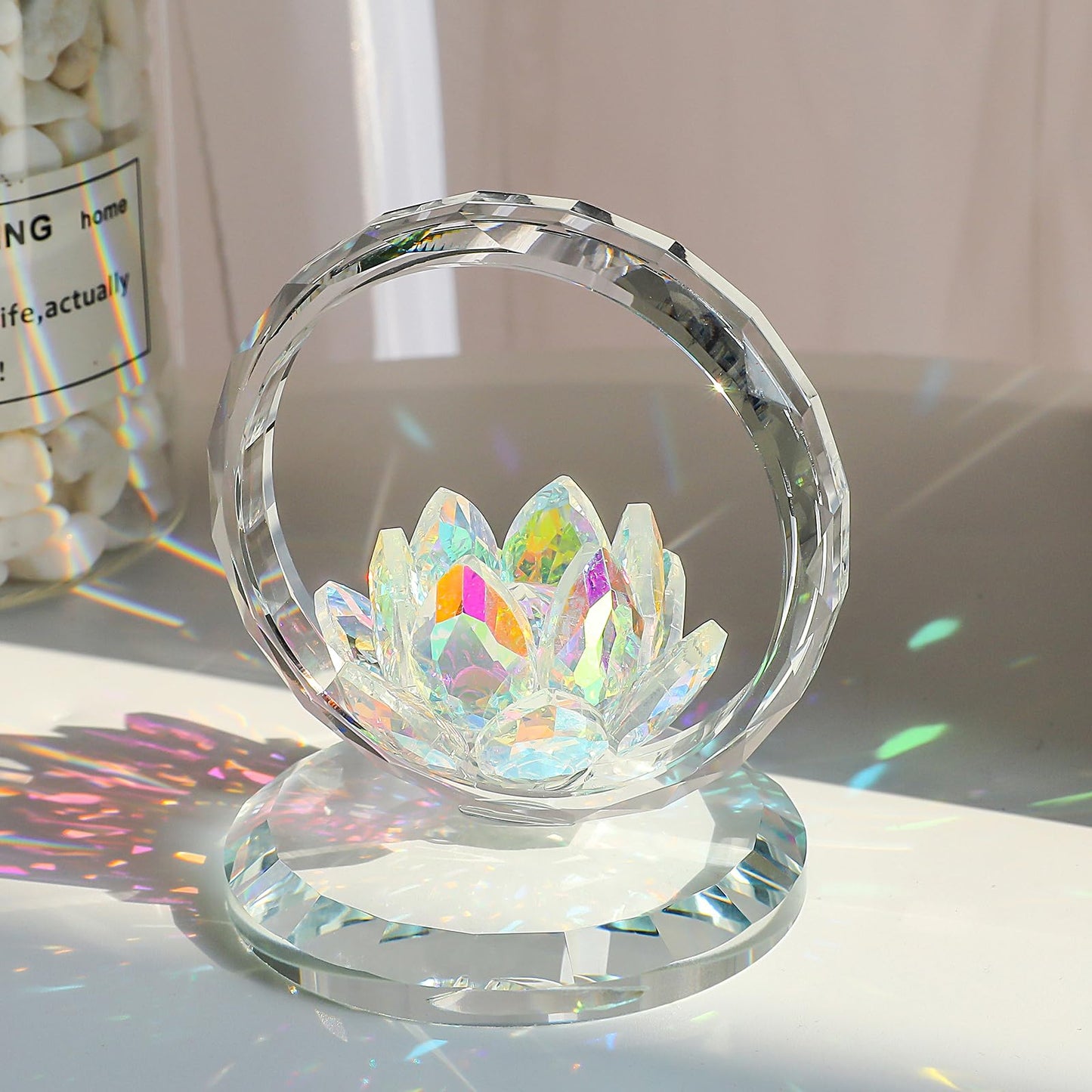 LONGWIN Crystal Lotus Flower Basket Figurine Collectible Glass Flowers Art Decor Reflection Feng Shui Decorative Ornaments for Living Room Bedroom Office AB - Coated