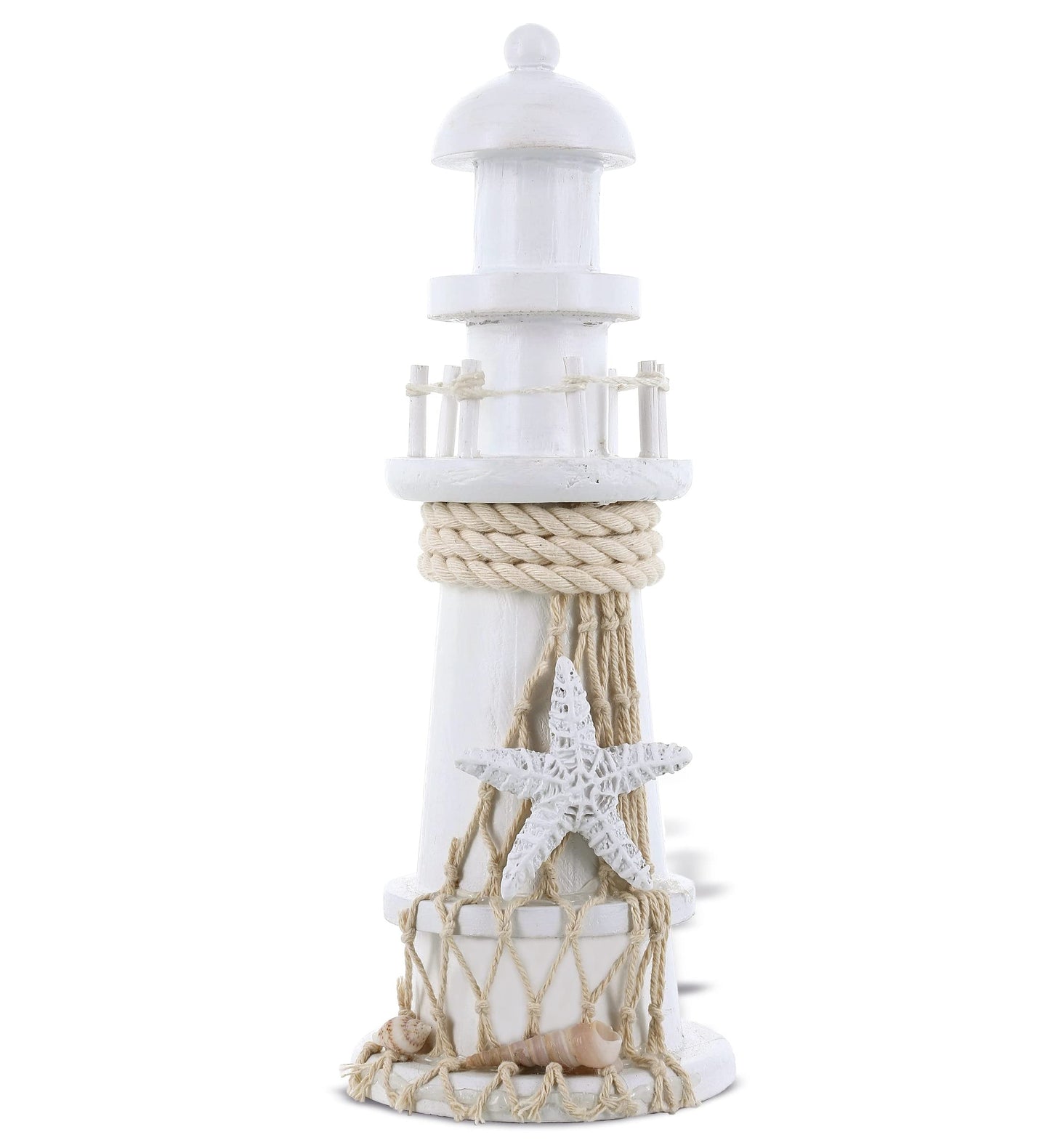 Puzzled COTA Global Small White Wooden Lighthouse Decor - Handmade Wooden Lighthouse Beach Decorations for Home with Decorative Starfish Decor - 8.75 Inches