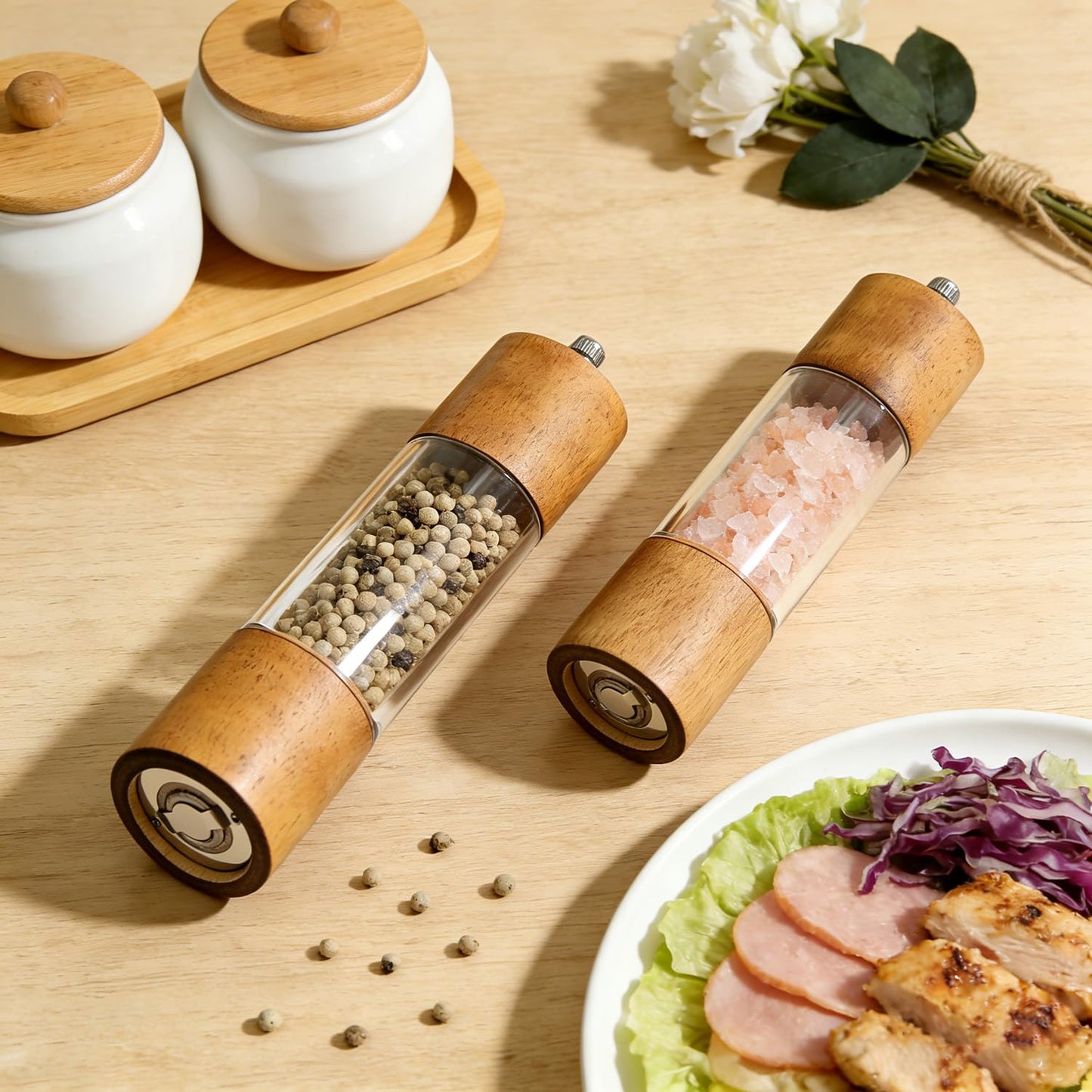 Forusom Acacia Wood & Acrylic Salt and Pepper Grinder Set, 8 Inch Adjustable Ceramic Core Mills, 2Pcs Premium Manual Spice Grinders for Gourmet Kitchens, Pepper Mill Set