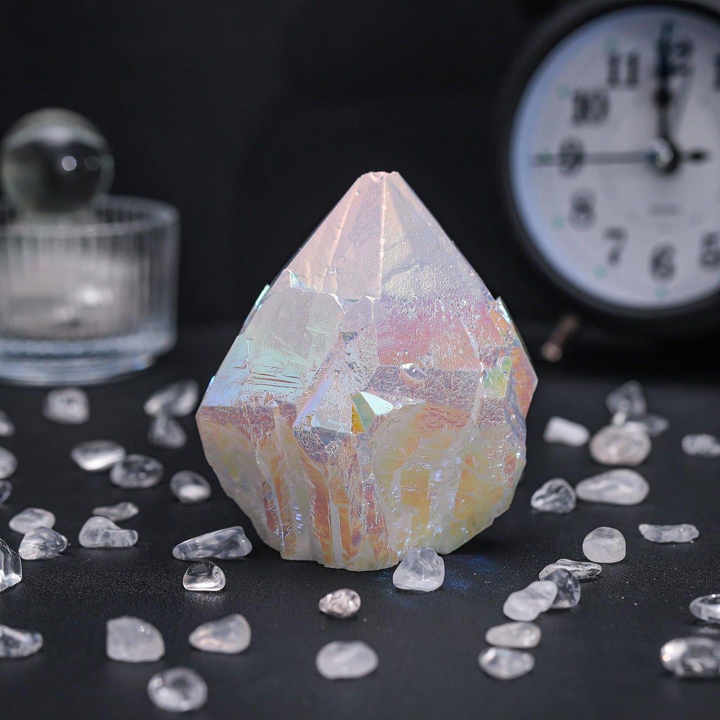 TUMBEELLUWA Titanium Coated White AB Crystal Cluster, Angel Aura Quartz Decorative Rock Geode Mineral Specimen for Home Shelf
