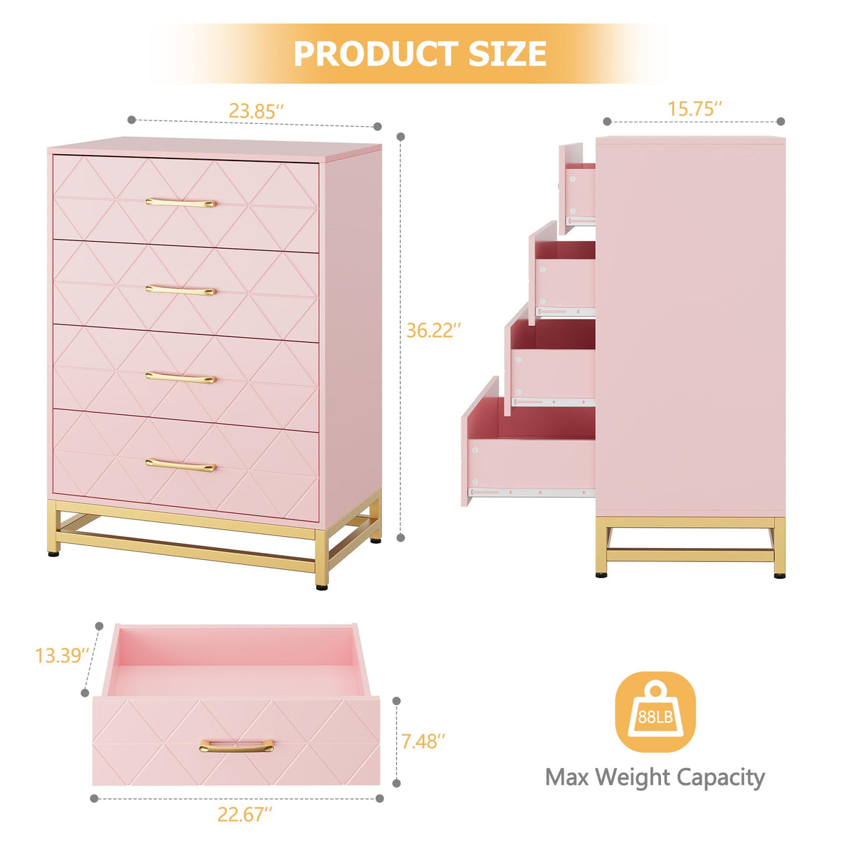 GarveeHome Wooden Dresser for Bedroom, Dressers & Chest of Drawers with 4 Drawer, Wood nightstand for Storage and Organization (Pink)