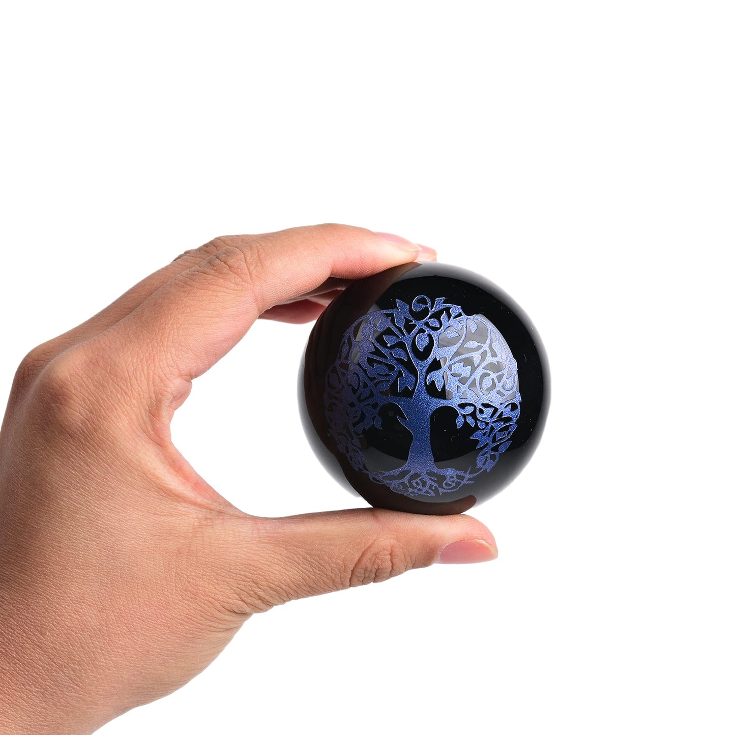 JIC Gem Small Black Obsidian Crystal Ball Sphere Carving Tree of Life with Blue Sodalite Decorative Stand for Meditation, Healing, Feng Shui (60mm / 2.2in)