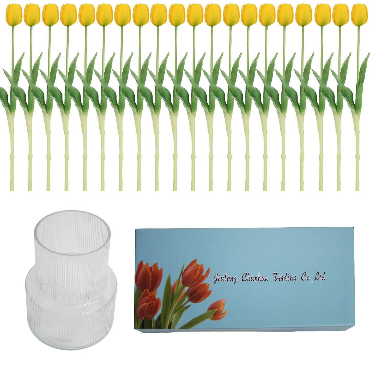 20 Pcs Real Touch Artificial Tulips with Vase, Large Faux Flower Arrangement in Heavy Fluted Glass, Bouquet for Dining Table Centerpiece, Home Office, Spring Decor, Set with Dust Bag (Yellow)