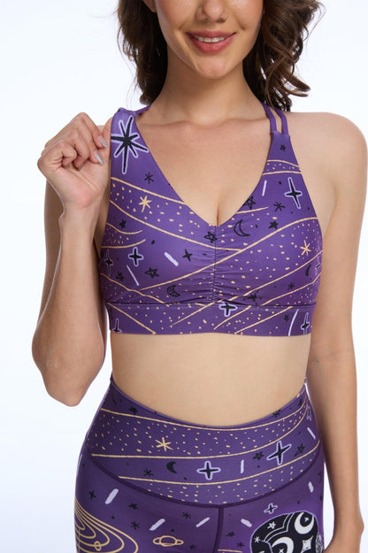 Women's Serpent Cosmos V Shape Strappy Sports Bra- Padded Medium Support Yoga Bra for Workout Fitness Pilates-Playful Halloween Pumpkins Design