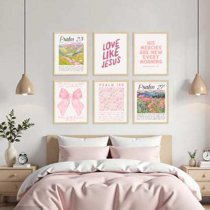 Pink Christian Posters Wall Art Set of 6 Bible Verse Canvas Wall Decor Religious Pictures Prints Scripture Bundle Bow Artwork Girls Room Trendy Preppy Painting Home Decoration 8x10 Inch Unframed