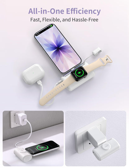RORRY PalmGo Portable Charger, 10000mAh PD 22.5W Fast Charging Mini Power Bank with Built-in USB C Connector, 3-in-1 Battery Pack for iPhone 17/16/15 Pro/Max, Apple Watch Ultra/11/10/SE, iPad, White