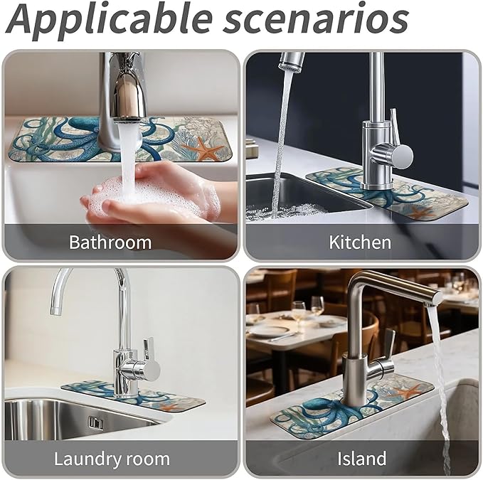 Kitchen Sink Splash Guard，Blue-octopus Faucet Mat Sink Gadgets-Super Absorbent