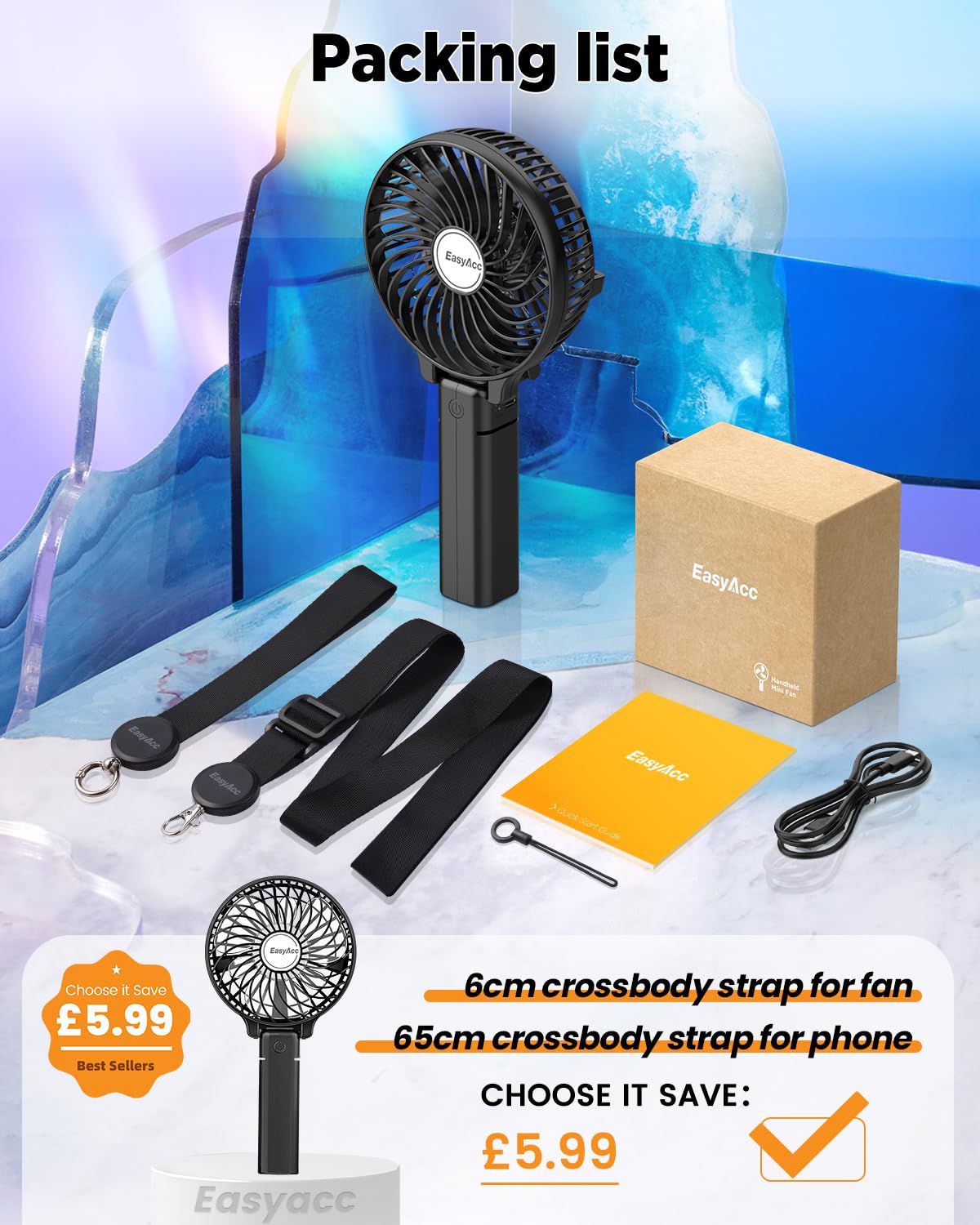 EasyAcc Handheld Fan Portable USB Fan 3 Speeds [Lifetime Service] 180° Foldable Powered Personal Mini Electric Fan With Rechargeable Battery Folding Adjustable Speeds Fan Home Travel Outdoor Black