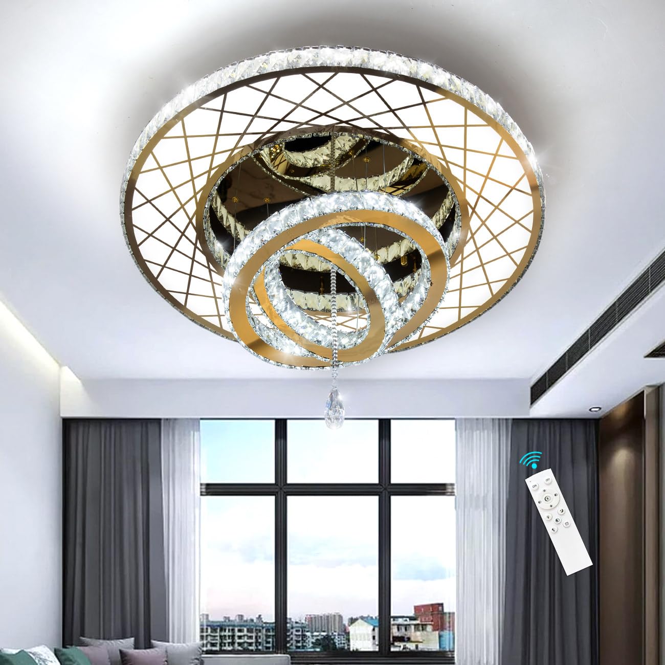 HAIXIANG Modern Glam Chandelier LED Crystal Ceiling Chandeliers Light for Bedroom Living Room Dining Room Lighting Fixture 24 inch Gold Remote Dimmable Lights