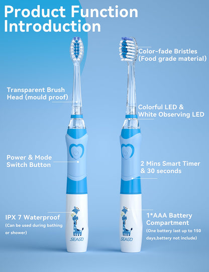SEAGO Kids Electric Toothbrush with 2 Mins Brushing Timer and 4 Replacement Bursh Heads, Rainbow LED Light Make Brushing Fun, Boys Battery Powerd Toothbrush for 4-12 Years Old，SG-977 (Light Blue)