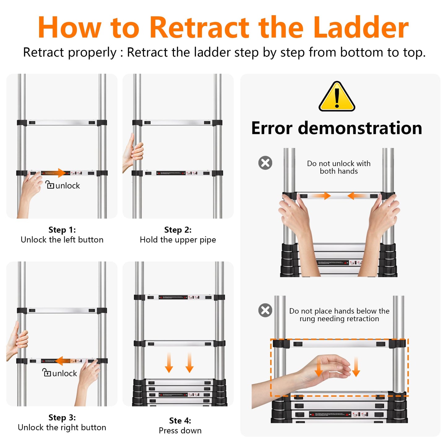 Telescoping Ladder 12.5 FT Telescopic Ladders Stainless Steel Extension Ladder with Triangle Stabilizers, Portable Collapsible Extendable Ladder for Home,RV,Outdoor Work,330lbs Max Capacity