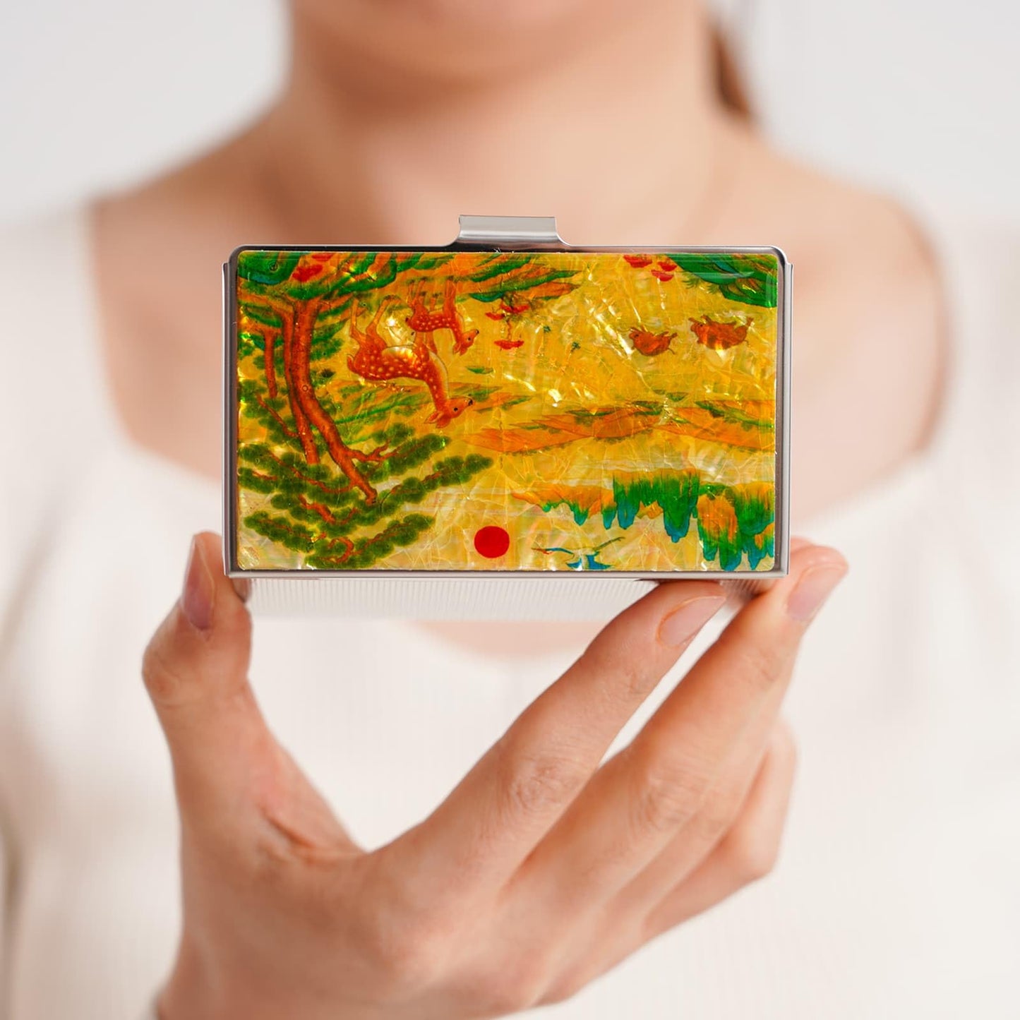 February Mountain Mother-of-Pearl Business Card Holder – Korean Deer and Mountain Landscape | Unique Asian Art Office Gift for Men & Women | Elegant Card Case for Professionals