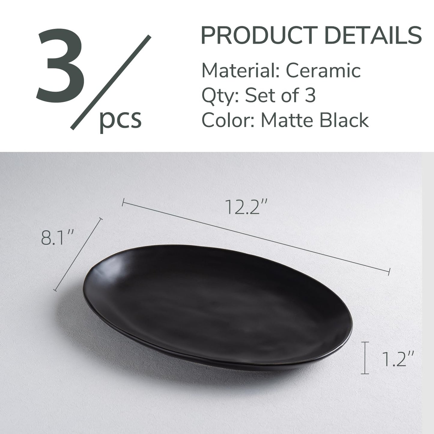 Magclay Porcelain Serving Platters, 12 Inch Large Serving Trays, Oval Serving Plates for Dessert Appetizers Meat/Entertaining/Party, Set of 3, Matte Black