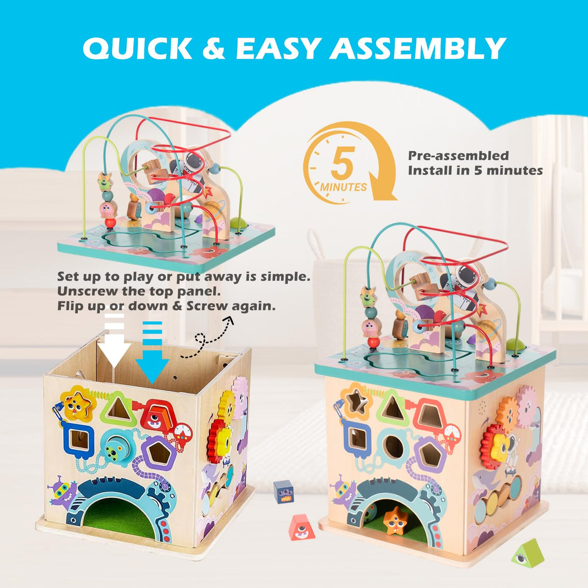 Udeas Pre-Assembled 9 in 1 Large Wooden Activity Cube. Educational Learning Toy for Kids with Bead Maze, Shape Sorter and Music Gears and More. for Toddlers 18 M+. Birthday Gifts for Boys and Girls