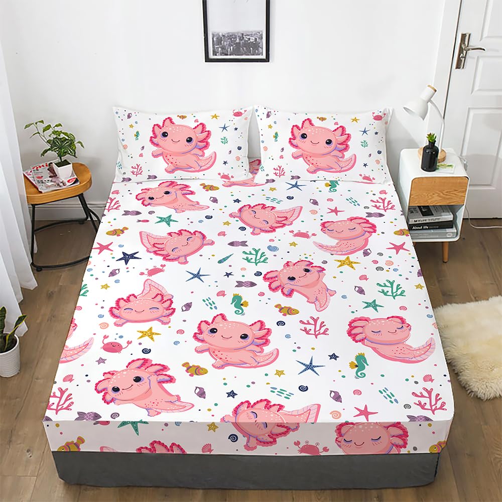 Gusuhome Girls Axolotl Sheet Set for Kids Twin Pink - 3D Kawaii Ocean Bedding Bed Set - Microfiber Super Soft Bed Sheets Set (1 Fitted Sheet 2 Pillow Cases)
