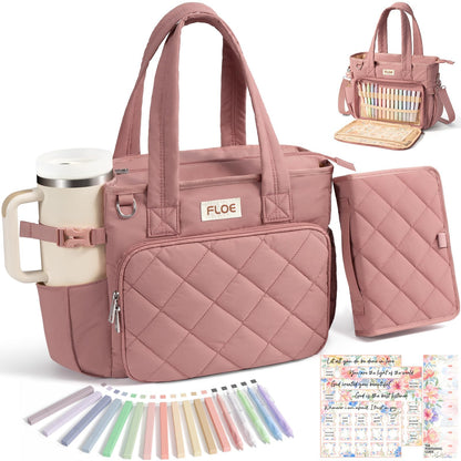 Large Bible Bag w/Bible Cover Case for Women, Puffer Bible Tote Bag Quilted Church Bag Book Carrying Case w/Shoulder Strap, Bible Study Supplies Journaling Kit Accessories Women Christian Easter Gift