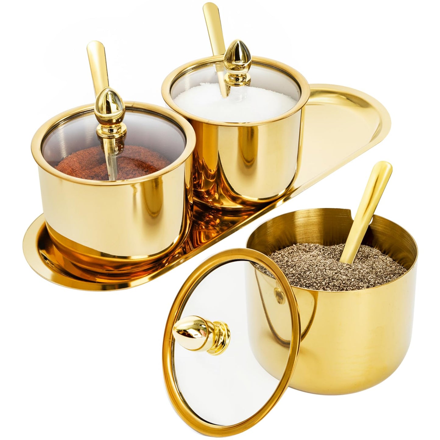 Hedume Set of 3 Grids 304 Stainless Steel Seasoning Containers with Glass Lid Spoon and Tray, 11 oz Gold Condiment Jar Spice Container, Condiment Canisters Pots for Serving Sugar, Pepper, Salt, Candy