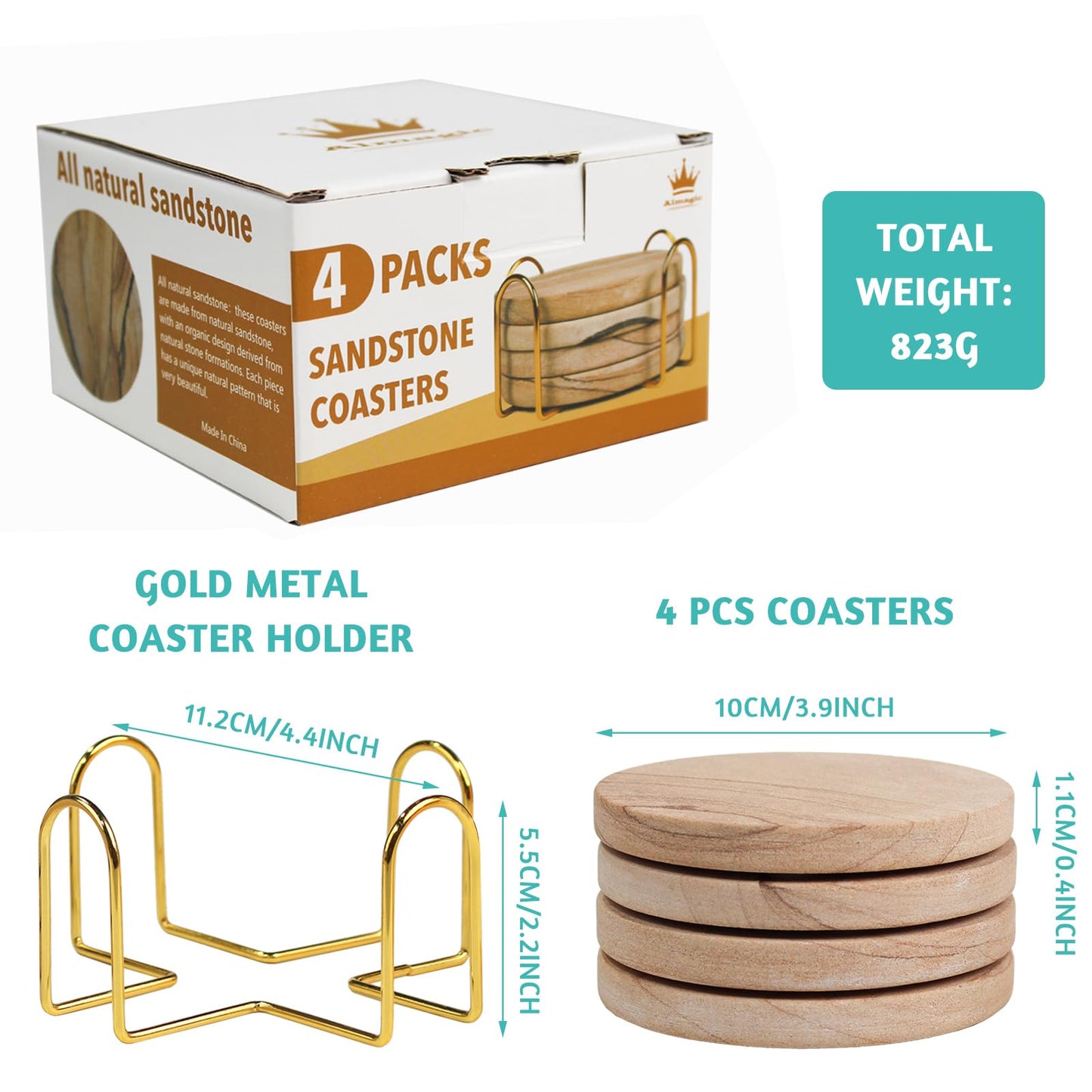 Natural Sandstone Coasters Set of 4 with Holder, 4 in Dia Drink Coasters for Coffee Table, Water Absorbent & Heat Resistant Cup Coaster for Home & Office, Christmas Birthday Gift