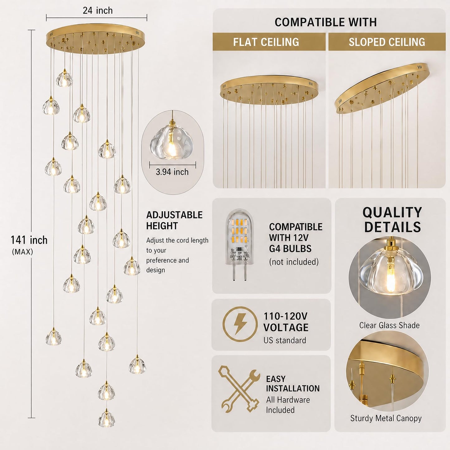 20 Light Modern Crystal Chandelier 141" Long Gold LED Lighting for High Ceiling Foyer Living Room Entryway Staircase