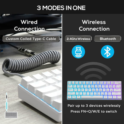 RK ROYAL KLUDGE RK61 60% Mechanical Keyboard with Coiled Cable, 2.4Ghz/Bluetooth/Wired, Wireless Bluetooth Mini Keyboard 61 Keys, RGB Hot Swappable Red Switch Gaming Keyboard with Software - White
