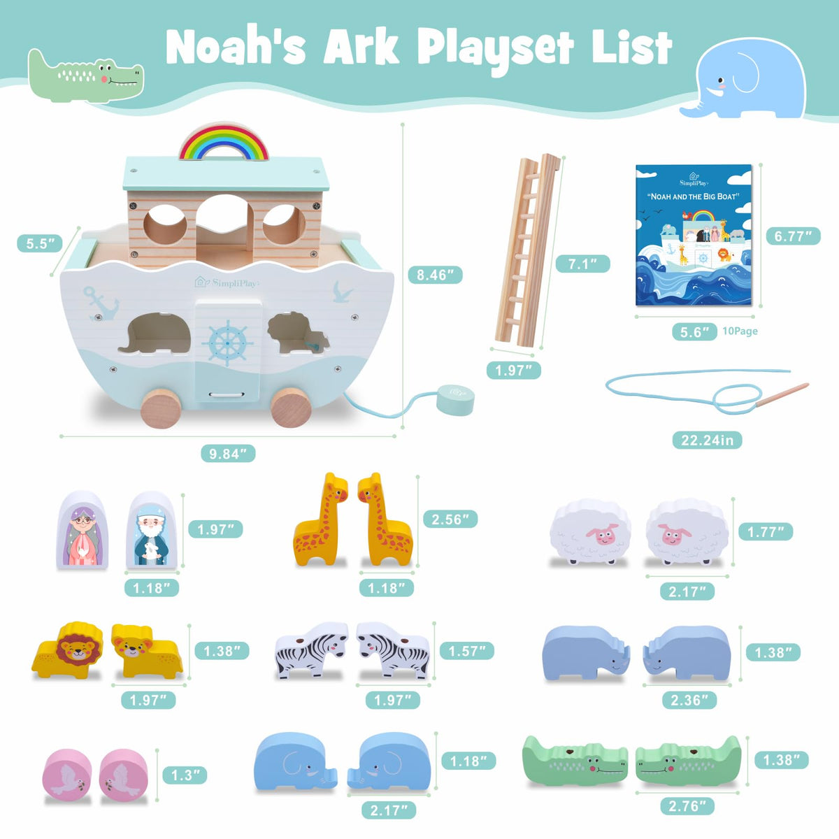 SIMPLIPLAY Wooden Noah's Ark Toy - Toddler Montessori STEM Learning Noahs Ark Toy with Story Book & Wooden Animal Shape Sorter, Christian Toy for Boys Girls Christmas Baptism Gifts