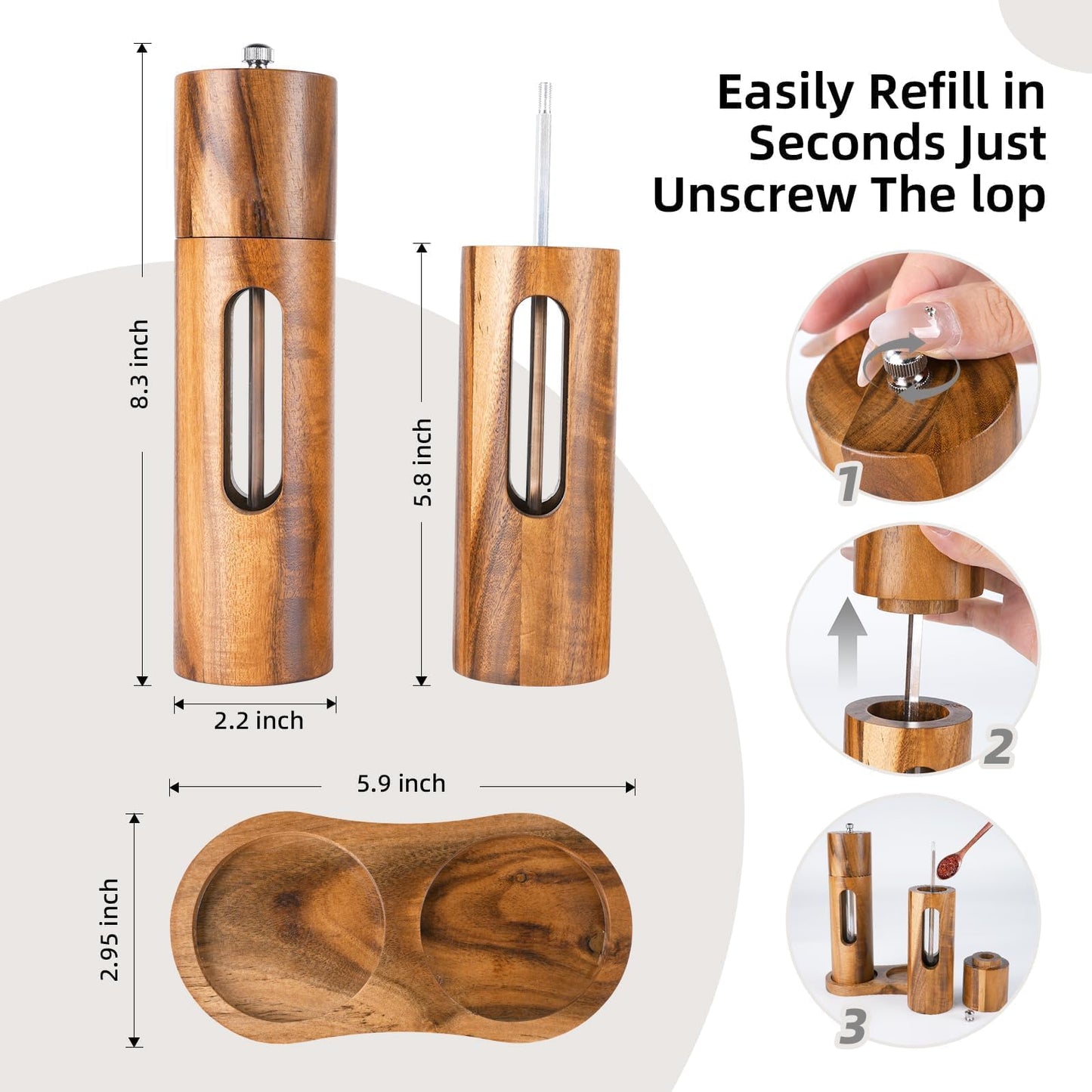 Acacia Wood Salt and Pepper Grinder Set with Base, Refillable Wooden Pepper & Salt Mill with Adjustable Ceramic Grinder for Kitchen & Dining,Durable Manual Salt Grinder