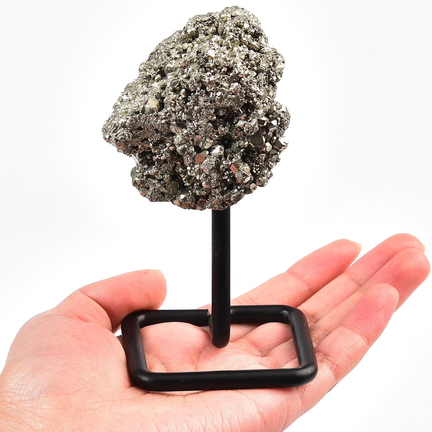 JIC Gem Natural Pyrite Crystal Stone on Metal Stand Raw Pyrite Cluster Fools Gold Reiki Healing Home Decor 300-400g