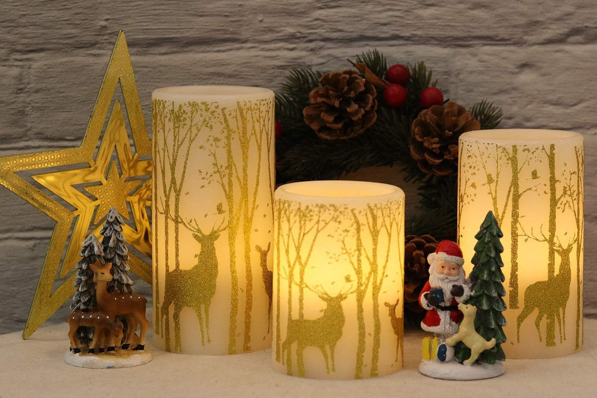 GenSwin Battery Operated Flameless Candles Flickering with 6 Hours Timer, Led Pillar Candles Deer Decal Warm Light, Real Wax Pack of 3 Christmas Home Decor